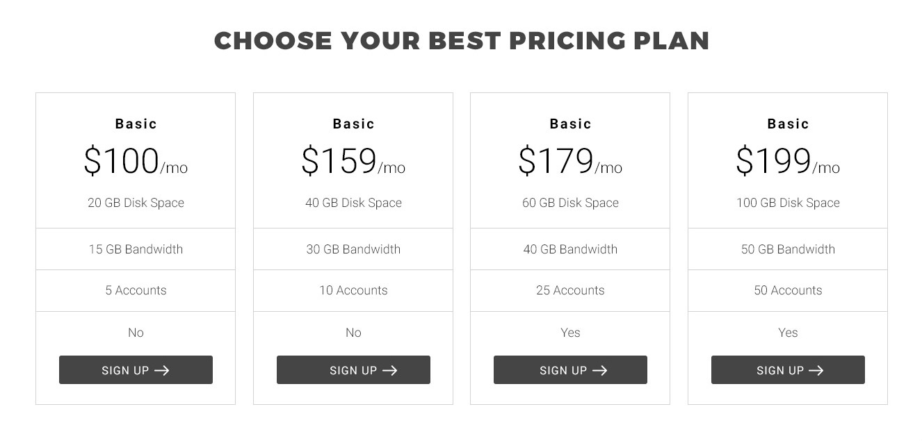 Pricing Table 2